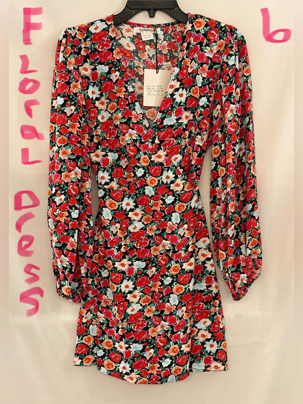 Glamorous Red, Coral & White Floral Long Sleeve Wrap-Style Dress